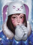  animal_ears beanie breath bunny_ears coat cold d.va_(overwatch) face fake_animal_ears fur_collar gloves hat highres looking_at_viewer nose open_mouth overwatch realistic sciamano240 snow snowing solo whisker_markings 