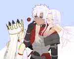  2girls ? akanbe armor blush brown_eyes crown dark_skin detached_sleeves dress dress_of_heaven dual_persona emiya_kiritsugu emiya_kiritsugu_(assassin) fate/grand_order fate/zero fate_(series) finger_to_eye ghost irisviel_von_einzbern irisviel_von_einzbern_(caster) multiple_girls red_eyes ruchi spoken_question_mark tongue tongue_out white_dress white_hair 