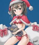  artist_name bag bandages bangs bikini black_hairband blue_background boko_(girls_und_panzer) boots breasts brown_eyes capelet cast christmas girls_und_panzer hair_ribbon hairband haruhata_mutsuki hat holding kneeling light_brown_hair long_hair looking_at_viewer parted_lips red_bikini red_footwear ribbon santa_costume santa_hat shimada_arisu side-tie_bikini side_ponytail signature simple_background sketch small_breasts solo stuffed_animal stuffed_toy swimsuit teddy_bear 