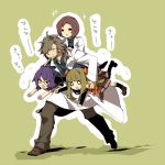  &gt;_&lt; 0_0 2boys 2girls brown_hair carrying carrying_under_arm glasses labcoat laughing long_hair long_pants long_sleeves medic_(sekaiju_4) multiple_boys multiple_girls open_mouth pants pleated_skirt purple_hair sekaiju_no_meikyuu sekaiju_no_meikyuu_4 short_hair sidelocks simple_background skirt sugita1754 tan_background test_tube walking white_coat 