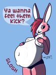 2016 anthro belly big_belly breasts dialogue digital_media_(artwork) english_text female fur hair lagomorph looking_at_viewer mammal pink_fur pink_hair rabbit simple_background smile solo standing text vore waismuth white_fur 