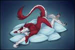  anthro blue_eyes cassius_(oldmancassius) claws collar cute fluffy fur head_tuft leg_tuft male multicolored_fur pillow red_fur sergal simple_background tongue tongue_out two_tone_fur white_fur zetsin 