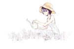  1girl alternate_costume artist_request ayanami_rei blue_hair drawfag dress female flower gardening plant red_eyes smile solo source_request straw_hat watering_can white_background white_dress 