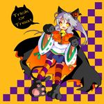  :d alternate_headwear animal_ears bell blue_skirt cat_ears cat_feet cat_paws cat_tail checkered checkered_background eyebrows_visible_through_hair fang grey_hair hair_ornament halloween halloween_costume jack-o'-lantern jack-o'-lantern_hair_ornament japanese_clothes kamome kariginu long_hair long_sleeves looking_at_viewer mononobe_no_futo no_hat no_headwear open_mouth paw_pose paws pom_pom_(clothes) ponytail ribbon-trimmed_sleeves ribbon_trim simple_background skirt smile solo speech_bubble striped striped_legwear tail thighhighs touhou trick_or_treat wide_sleeves yellow_eyes zettai_ryouiki 
