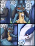  2019 anthro balls big_butt black_fur blue_fur blue_skin butt comic dialogue duo english_text fangs feral fur humanoid_penis kuroodod legendary_pok&eacute;mon leo_(kuroodod) lucario lugia male male/male nintendo nude penis pok&eacute;mon pok&eacute;mon_(species) red_eyes size_difference smile speech_bubble text thick_thighs transformation video_games white_skin wide_hips yellow_fur 