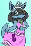  2016 casey_bakire clothed clothing crossdressing crown dress ear_piercing felino flower girly jewelry lucario male mammal necklace nintendo one_eye_closed open_mouth piercing plant pok&eacute;mon simple_background smile solo tiara video_games wink 