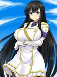  absurdres amau_(kosmos) black_hair blue_eyes blush breast_hold breast_lift breasts commentary_request cowboy_shot gloves highres ikaruga_(senran_kagura) large_breasts long_hair looking_at_viewer pantyhose senran_kagura senran_kagura_shoujo-tachi_no_shin'ei solo very_long_hair 