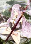  218 asymmetrical_gloves bare_shoulders barefoot black_gloves blue_eyes braid breasts bug butterfly commentary_request detached_sleeves draph elbow_gloves feet from_above full_body gloves granblue_fantasy grass hair_ornament hair_over_one_eye horns indian_style insect katana large_breasts lavender_hair lips long_hair looking_at_viewer meditation narmaya_(granblue_fantasy) outdoors over_shoulder pointy_ears rock sheath sheathed single_braid single_elbow_glove sitting sitting_on_rock smile solo sword thigh_strap thighs weapon weapon_over_shoulder 
