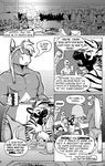  angry annoyed anthro athletic breasts cafeteria clothed clothing comic dialogue diesel_(ina) equine featureless_breasts feline first_person_view food group holding_object horn hyena in_the_new_age mammal monochrome mustelid navel nipples otter overalls pecs raccoon reclining rick_griffin screentone serving_tray size_difference speech_bubble tiger topless unicorn 