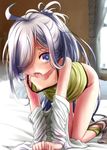  ahoge all_fours asashimo_(kantai_collection) clenched_hands clothes_down fang flat_chest green_panties green_shirt hair_over_one_eye kantai_collection kurona long_hair looking_at_viewer nipple_slip nipples on_bed open_mouth panties panty_pull pantyhose pantyhose_pull ponytail purple_eyes shirt silver_hair solo sweat tank_top tears underwear undressing wavy_mouth window 