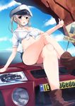  alternate_costume arm_support belt blonde_hair blue_eyes boots breasts car cleavage crossed_legs front-tie_top gedou_(shigure_seishin) graf_zeppelin_(kantai_collection) ground_vehicle hair_between_eyes hat kantai_collection large_breasts leather leather_boots long_hair midriff military_hat mitsubishi_lancer_evolution motor_vehicle on_vehicle peaked_cap road_sign shirt sign solo thumbs_up tied_shirt twintails 