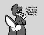  angry asswolf burger butt canine cheek_tuft dialogue english_text food greyscale looking_back mammal monochrome oriole_(artist) simple_background text tuft wide_hips wolf 
