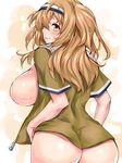  ass bangs blush bottomless breasts brown_eyes brown_hair commentary_request cowboy_shot from_behind hairband highres i-26_(kantai_collection) kantai_collection large_breasts long_hair looking_at_viewer looking_back open_clothes open_shirt profile sankakusui school_uniform serafuku shirt short_sleeves solo sweat tongue tongue_out two_side_up wet wet_hair 