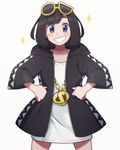  bad_id bad_pixiv_id bangs black_hair black_jacket blue_eyes blush borrowed_garments chain_necklace cosplay cowboy_shot eyewear_on_head grin guzma_(pokemon) guzma_(pokemon)_(cosplay) hands_on_hips highres hood hood_down hooded_jacket hoodie jacket legs_apart mizuki_(pokemon) no_pants open_clothes open_jacket pokemon pokemon_(game) pokemon_sm ryanpei shirt short_hair simple_background skull_necklace sleeves_past_elbows smile sparkle sunglasses swept_bangs white_background white_shirt 