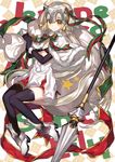  bell black_bikini_top black_gloves black_legwear blonde_hair blush capelet chocoan commentary_request elbow_gloves fate/grand_order fate_(series) flat_chest fur_trim gloves hair_ribbon headpiece jeanne_d'arc_(fate)_(all) jeanne_d'arc_alter_santa_lily lance long_hair looking_at_viewer polearm ribbon sack smile solo thighhighs weapon yellow_eyes 