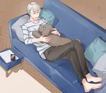  barefoot cellphone closed_eyes couch dog himuka_roko lying makkachin male_focus on_back open_mouth phone pillow silver_hair smartphone smile tongue tongue_out viktor_nikiforov yuri!!!_on_ice 