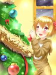  alternate_costume animal_costume blonde_hair blurry blush bokeh christmas christmas_ornaments christmas_tree commentary depth_of_field hand_up highres holding hood indoors lens_flare looking_up night open_mouth red_eyes reindeer_costume rody_(hayama_yuu) rumia short_hair smile snow snowing solo touhou window 