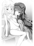  2girls blush bow breast_grab breasts collarbone eye_contact eyebrows_visible_through_hair grabbing greyscale hair_bow hair_ornament highres long_hair looking_at_another medium_breasts meiyaku_no_leviathan monochrome multiple_girls nimura_yuuji novel_illustration official_art open_mouth panties shiny shiny_hair sitting topless underwear very_long_hair yuri 