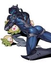  alternate_color armor ass back black_hair bodysuit csc cyborg genji_(overwatch) helmet hug long_hair low_ponytail lying male_focus on_stomach overwatch pachimari ponytail power_armor shiny shiny_clothes simple_background solo stuffed_toy white_background 