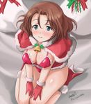  ankle_boots artist_name azumi_(girls_und_panzer) bag bangs bell bikini blue_eyes blush boots bow breasts brown_hair capelet christmas cleavage closed_mouth covered_nipples full_body girls_und_panzer gloves hands_on_thighs haruhata_mutsuki jingle_bell kneeling large_breasts looking_at_viewer oversized_object parted_bangs red_bikini red_footwear red_gloves santa_costume short_hair signature smile solo swimsuit twitter_username 