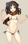  :d ass_visible_through_thighs beige_background bikini blue_bikini bow breasts brown_eyes brown_hair hair_bow idolmaster idolmaster_cinderella_girls iwasaki_takashi micro_bikini navel open_mouth plaid plaid_scarf scarf side-tie_bikini simple_background small_breasts smile solo string_bikini swimsuit tachibana_arisu 