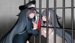  2girls alternate_costume azur_lane bars black_hair blue_eyes breasts choker cleavage commentary deutschland_(azur_lane) dress dual_persona eyebrows_visible_through_hair hat ioa2324 long_hair long_sleeves looking_at_another mechanical_hand medium_breasts military_hat multicolored_hair multiple_girls prison prisoner puffy_sleeves red_eyes streaked_hair very_long_hair white_dress 