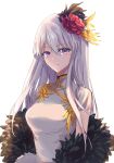  1girl absurdres azur_lane bangs china_dress chinese_clothes commentary dress english_commentary enterprise_(azur_lane) eyebrows_visible_through_hair eyes_visible_through_hair feather_boa flower hair_between_eyes hair_flower hair_ornament hair_over_one_eye highres long_hair looking_at_viewer purple_eyes sidelocks simple_background smile solo suprii white_background white_dress white_hair 