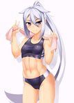  abs blue_eyes blush breasts commentary covered_nipples cowboy_shot double_v hair_flaps long_hair looking_at_viewer myouan navel original ponytail purple_background shadow shirakami_itsuki small_breasts smile solo sports_bikini sweat toned towel v very_long_hair white_hair 