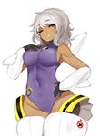  5_fingers aircraft android breasts clothed clothing eyebrows eyelashes female green_eyes hair hand_on_breast hand_on_hip machine nassa not_furry one_eye_closed robot simple_background solo swimsuit terupancake white_background white_hair wide_hips 
