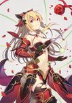  armor armored_dress bare_shoulders blonde_hair bow breasts cleavage collarbone cowboy_shot criss-cross_halter detached_sleeves empty_eyes faulds flower from_side gauntlets granblue_fantasy hair_bow halter_top halterneck head_tilt kinoshita_neko long_hair looking_at_viewer medium_breasts midriff navel parted_lips ponytail red_eyes red_legwear rose skirt solo thighhighs vira_lilie 