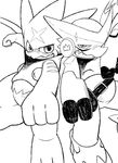 belt black_and_white claws clothing digimon duo footwear gumdramon hatake horn looking_at_viewer male monochrome open_mouth pose shirt shoes shoutmon sketch smile 