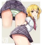  1girl akatsuki_kirika ass blonde_hair blush breasts commentary_request green_eyes hair_ornament leaning_forward looking_at_viewer lydian_academy_uniform medium_breasts multiple_views necktie open_mouth panties school_uniform senki_zesshou_symphogear shiny shiny_hair shiny_skin short_hair skirt solo standing striped striped_panties thighs underwear x_hair_ornament yatsune_rika 