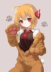  :o ahoge black_vest blonde_hair blush breasts collared_shirt cosplay cowboy_shot cravat eyebrows_visible_through_hair hair_ribbon highres kigurumi long_sleeves looking_at_viewer off_shoulder outline paw_pose paw_print red_eyes ribbon rumia sh_(562835932) shirt short_hair simple_background small_breasts solo tail touhou vest white_shirt 