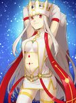  armpits arms_up ass_visible_through_thighs blue_background breasts crown detached_sleeves dress_of_heaven fate/grand_order fate/zero fate_(series) irisviel_von_einzbern irisviel_von_einzbern_(caster) long_hair long_sleeves looking_at_viewer medium_breasts navel pale_skin red_eyes ruchi smile solo thighhighs underboob very_long_hair white_hair white_legwear wide_sleeves 