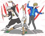  arm_tattoo blonde_hair bolo_tie brown_hair chain elite_four emphasis_lines eyewear_on_head gold_chain guzma_(pokemon) highres hood hoodie jacket kukui_(pokemon) labcoat male_focus mullein_(pokemon) multicolored_hair multiple_boys muscle pants perfume pokemon pokemon_(game) pokemon_sm pose sunglasses sweatpants tattoo two-tone_hair watch white_hair 