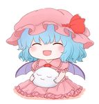  bat_wings blue_hair blush chibi closed_eyes dress fang hat hat_ribbon mob_cap open_mouth pink_dress puffy_short_sleeves puffy_sleeves rei_(tonbo0430) remilia_scarlet ribbon short_sleeves simple_background skirt skirt_set solo touhou white_background wings 
