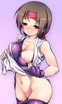  areolae blush breasts brown_eyes brown_hair cleavage cleavage_reach covered_nipples dougi fingerless_gloves gloves headband large_breasts naughty_face nipple_slip nipples no_panties ohgaki_m pants_down purple_background red_headband ryuuko_no_ken smile snk solo spandex the_king_of_fighters undressing yuri_sakazaki 