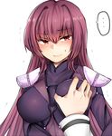  blush bodysuit breast_grab breasts eyebrows_visible_through_hair fate/grand_order fate_(series) grabbing large_breasts long_hair looking_at_viewer md5_mismatch out_of_frame pauldrons polearm pov pov_hands purple_bodysuit purple_hair red_eyes sabujiroko scathach_(fate)_(all) scathach_(fate/grand_order) simple_background smile solo_focus sweat trembling weapon white_background 
