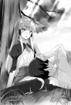  1boy 1girl against_tree bangs blush coat dress_shirt else_shileska eyebrows_visible_through_hair from_below fur-trimmed_coat fur_trim greyscale hair_tubes highres isekai_wa_smartphone_to_tomo_ni. kneehighs lap_pillow long_hair long_sleeves miniskirt monochrome necktie novel_illustration official_art open_mouth shirt short_necktie skirt sunlight tree usatsuka_eiji very_long_hair 