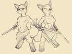  breasts brother brother_and_sister canine clothed clothing digitigrade dual_wielding duo eyewear featureless_breasts fox front_view grin holding_object holding_weapon in_the_new_age looking_at_viewer mammal melee_weapon monochrome rick_griffin sibling sister slim sunglasses sword topless twins weapon 