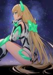  angela_balzac bangs bare_shoulders blonde_hair blue_eyes blurry blurry_background breasts closed_mouth deva_battle_suit elbow_gloves eyebrows_visible_through_hair eyelashes gloves glowing green_eyes headgear highres knees_up leotard long_hair looking_away low_twintails medium_breasts profile rakuen_tsuihou ronopu sitting smile solo star_(sky) thigh_strap twintails very_long_hair 