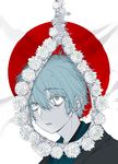  blue_hair flower japanese_clothes japanese_flag looking_up male_focus maruco messy_hair noose open_mouth solo yellow_eyes 