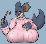  2016 anthro anthrofied bantar2 big_breasts blue_background blue_skin blush breasts candy candy_cane clothed clothing female food huge_breasts looking_at_viewer nidoqueen nintendo pok&eacute;mon pok&eacute;morph purple_eyes simple_background smile solo turtleneck video_games 