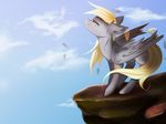  blonde_hair dashermeow day derpy_hooves_(mlp) equine eyes_closed feathered_wings feathers female feral friendship_is_magic fur grey_feathers grey_fur hair hooves mammal my_little_pony nude outside pegasus sky smile solo standing wind wings 