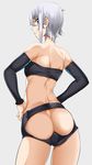  ass ass_cutout back bad_id bad_pixiv_id bare_shoulders blue_eyes blush detached_sleeves hands_on_hips koko_shiguma looking_at_viewer looking_back midriff original short_hair shorts silver_hair solo 