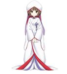  brown_eyes brown_hair dog_god dress full_body highres holding hood japanese_clothes kimono long_sleeves looking_at_viewer official_art short_hair simple_background smile solo uchikake white_background white_kimono youkai_hyakki-tan! 