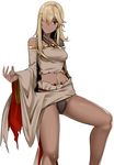  bad_id bad_pixiv_id bare_shoulders blonde_hair breasts dark_skin koko_shiguma long_hair looking_at_viewer medium_breasts midriff original red_eyes simple_background smile solo torn_clothes white_background 