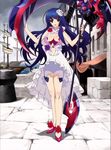  1girl blue_hair breasts cleavage female flower high_resolution large_breasts long_hair madan_no_ou_to_vanadis navel purple_eyes red_rose rose screen_capture solo standing stitched valentina_glinka_estes very_long_hair white_rose 