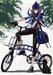  absurdres animal bag bicycle black_gloves black_pants blue_eyes blue_hair cat gloves ground_vehicle highres honjou_raita imca long_hair looking_down outdoors pants senjou_no_valkyria senjou_no_valkyria_3 solo sweatdrop 