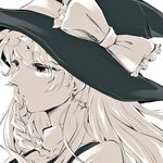  black_dress black_hat bow braid closed_mouth dress earrings face frilled_shirt_collar frills greyscale hair_bow hat hat_bow jewelry kirisame_marisa long_hair looking_away monochrome nooca shirt side_braid simple_background single_braid solo star star_earrings touhou white_background witch_hat 